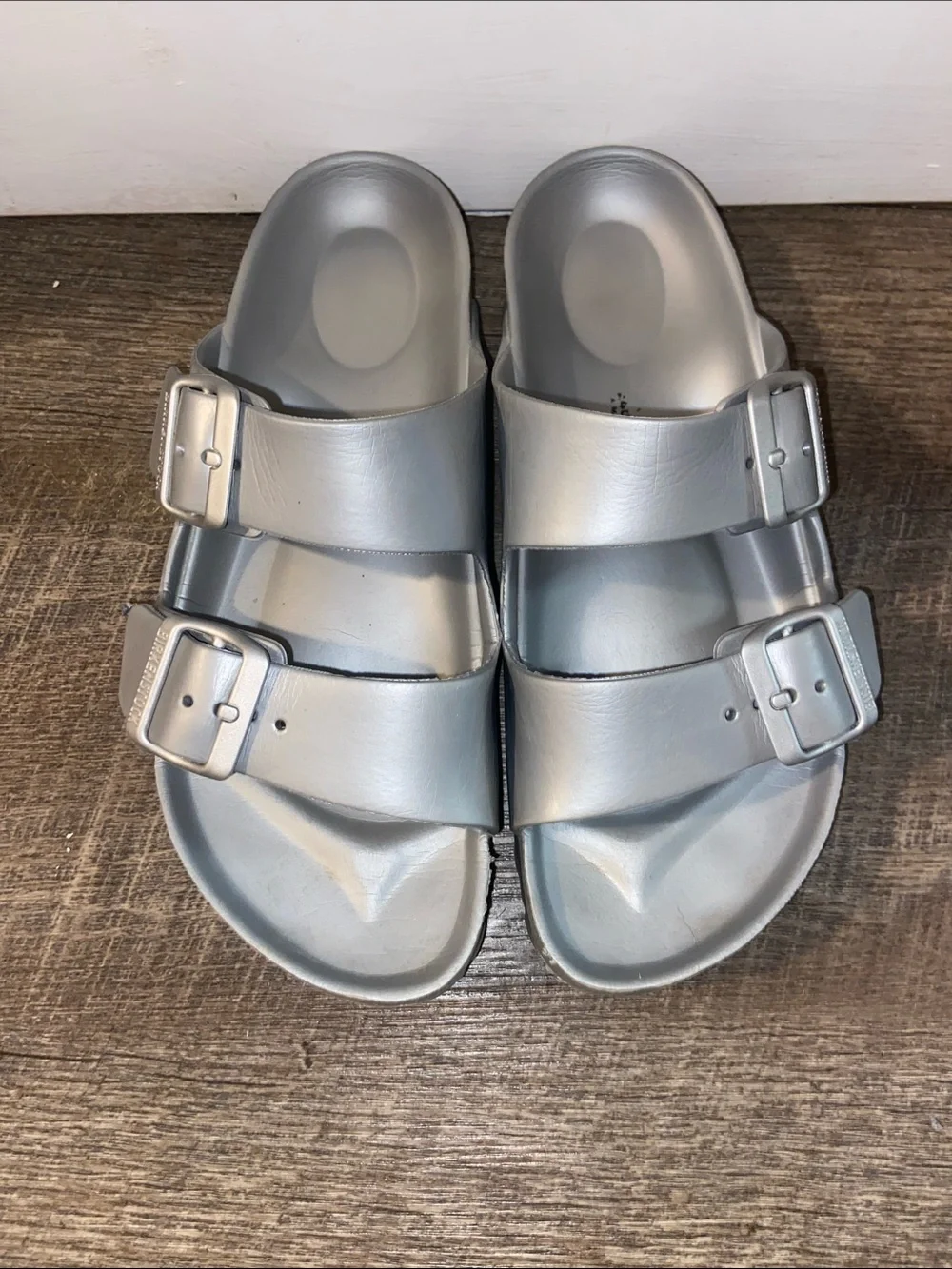 Birkenstock Silver Double-Buckle Slide Sandals